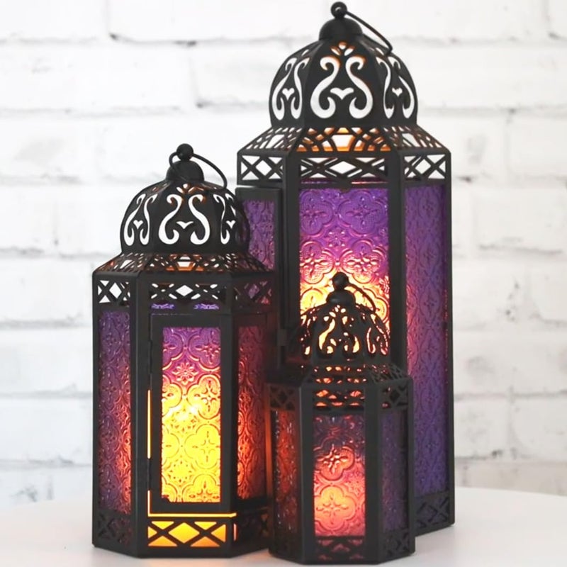 VELA LANTERNS Moroccan Candle Lanterns Decorative Set of 3 for Floor, Ramadan Decorations, Indoor Home Decor, Outdoor Patio or Porch, Halloween, Weddings, Purple - Image 3